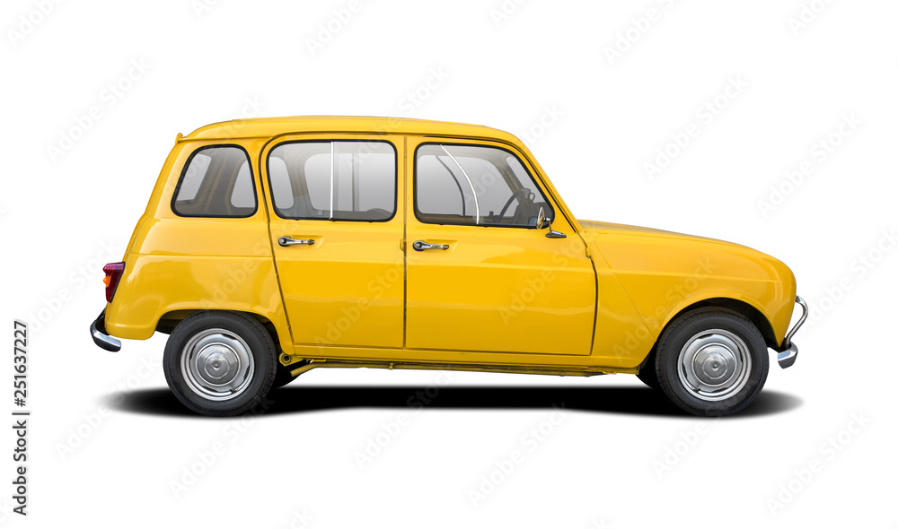 Yellow classic French car side view isolated on white background Yellow classic French car side view isolated on white background