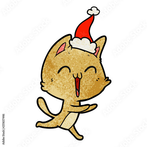 happy textured cartoon of a cat meowing wearing santa hat