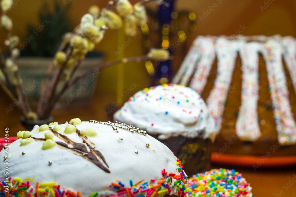 Kulichi, traditional Russian Easter cake with icing