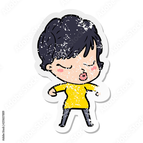 distressed sticker of a cartoon woman with eyes shut