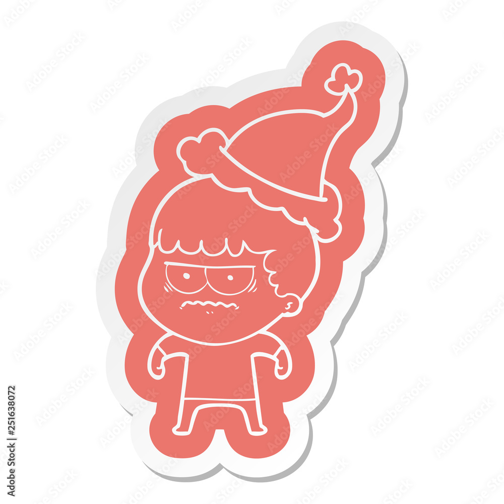 cartoon sticker of a annoyed man wearing santa hat cartoon sticker of a annoyed man wearing santa hat