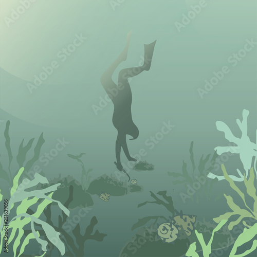 Divers of the Korean island of Jeju. Diving. Swimming in the sea. Collection of marine mollusks. Silhouette diver. Underwater world.