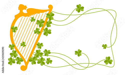 Vector flat style background with orange harp silhouette and clover leaves. Decorative element for Saint Patrick's Day designs.
