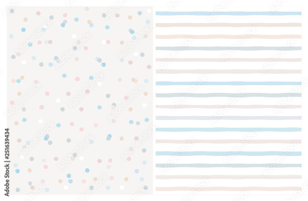 Set of 2 Varius Abstract Vector Patterns. Beige, Blue and Pink Round Shape Falling Confetti. Grey and White Background. Blue and Beige Dots and Stripes Design. Cute Infantile Style Art. Set of 2 Varius Abstract Vector Patterns. Beige, Blue and Pink Round Shape Falling Confetti. Grey and White Background. Blue and Beige Dots and Stripes Design. Cute Infantile Style Art.