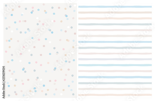 Set of 2 Varius Abstract Vector Patterns. Beige, Blue and Pink Round Shape Falling Confetti. Grey and White Background. Blue and Beige Dots and Stripes Design. Cute Infantile Style Art.