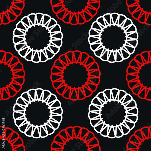 Seamless pattern with bright circular elements on a black background.