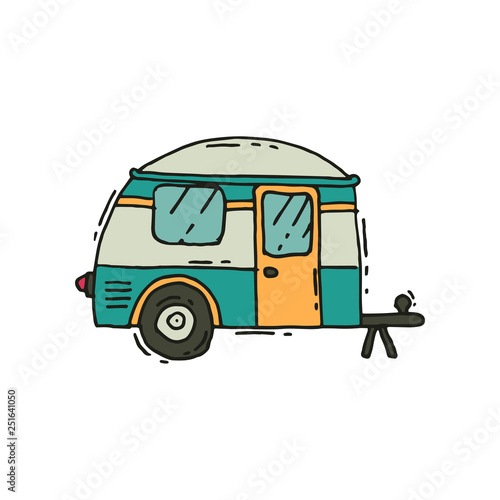 Vector icon of camping trailer in doodle style. Road trip. Mobile home on wheels. Tourism and journey theme