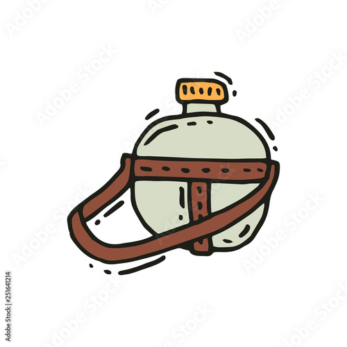 Traveling metal flask in doodle style. Tourist bottle. Container for water. Camping theme. Hand drawn vector design