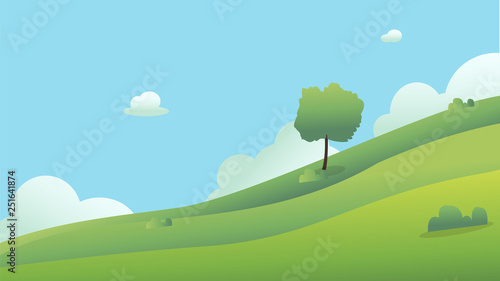 Beautiful fields landscape with a dawn, green hills, bright color blue sky, background.Meadow landscape vector illustration.Green field with clouds and blue sky