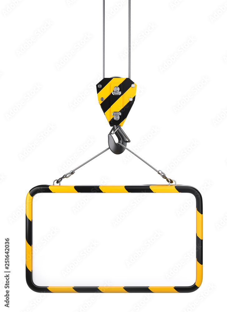 Crane hook hanging on a steel ropes with frame on - template for industrial  banner front view. Stock Illustration