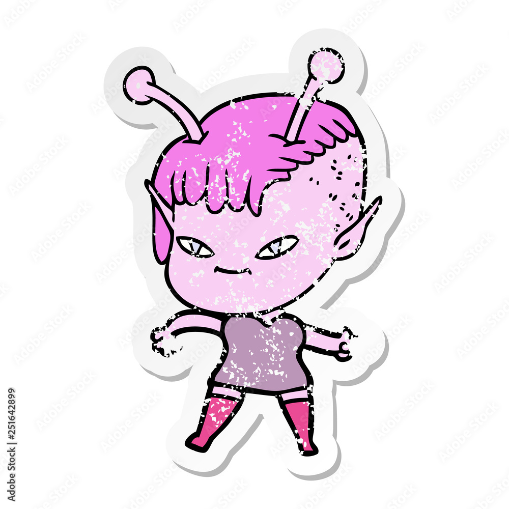 distressed sticker of a cute cartoon alien girl distressed sticker of a cute cartoon alien girl