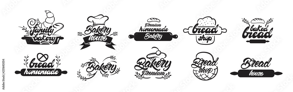 Obraz premium Bakery logotypes. Bakery house, home baking, mobile bakery logos in lettering style. Vector illustration