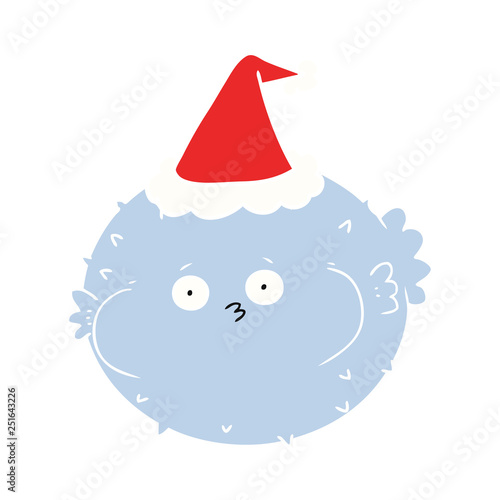 flat color illustration of a puffer fish wearing santa hat