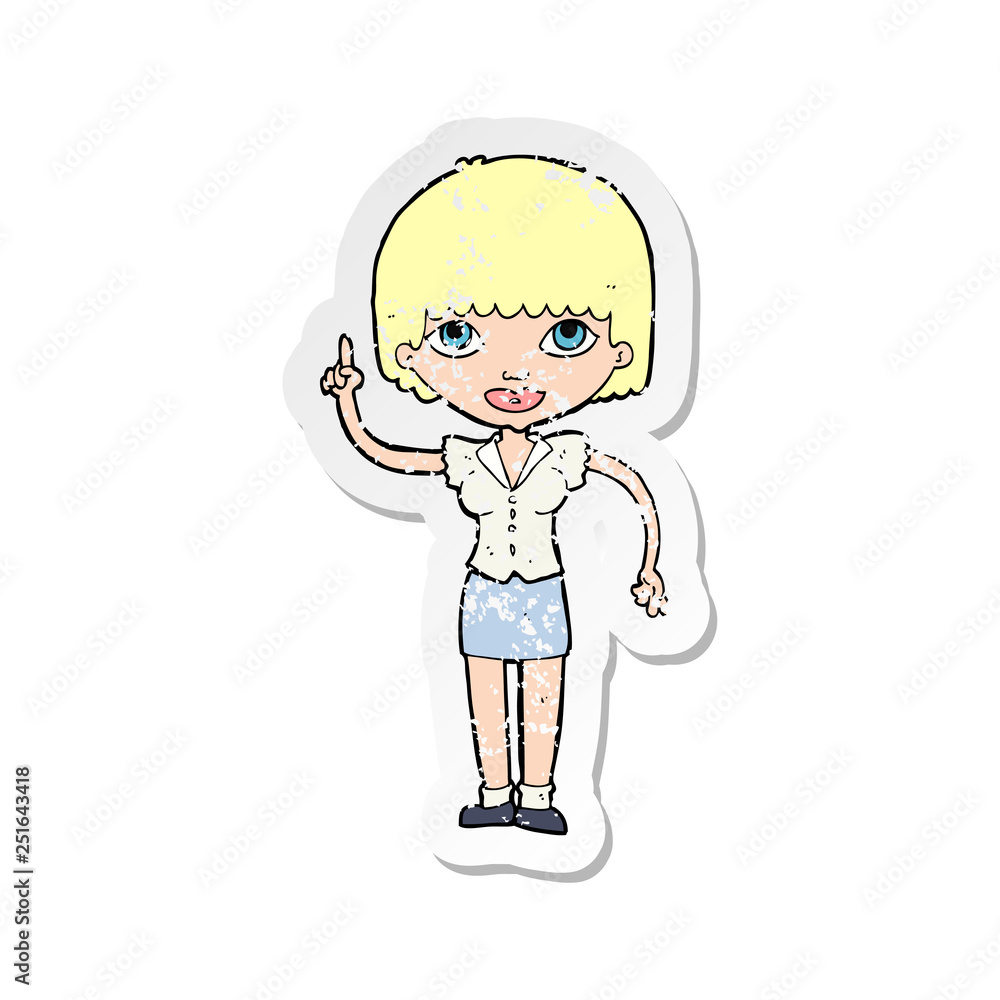 retro distressed sticker of a cartoon woman with idea retro distressed sticker of a cartoon woman with idea