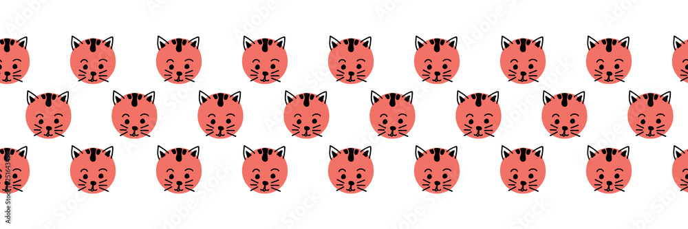 Kids polka dot cats seamless vector border. Cute kitty faces coral pink on white background. Geometric fun kids design. Use for fabric, kids decor, gift wrap, packaging, digital paper, cards, nursery Kids polka dot cats seamless vector border. Cute kitty faces coral pink on white background. Geometric fun kids design. Use for fabric, kids decor, gift wrap, packaging, digital paper, cards, nursery