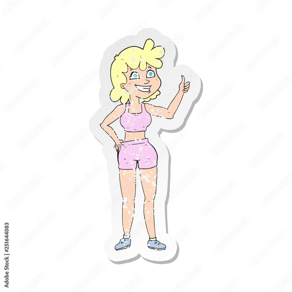 retro distressed sticker of a happy gym woman giving thumbs up symbol retro distressed sticker of a happy gym woman giving thumbs up symbol