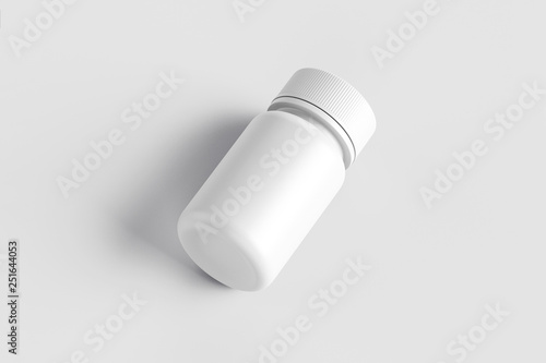 Medicine Plastic Bottle on soft gray background. White plastic bottle Mock-up. Medicine and vitamins, examples and templates isolated. 3D rendering.