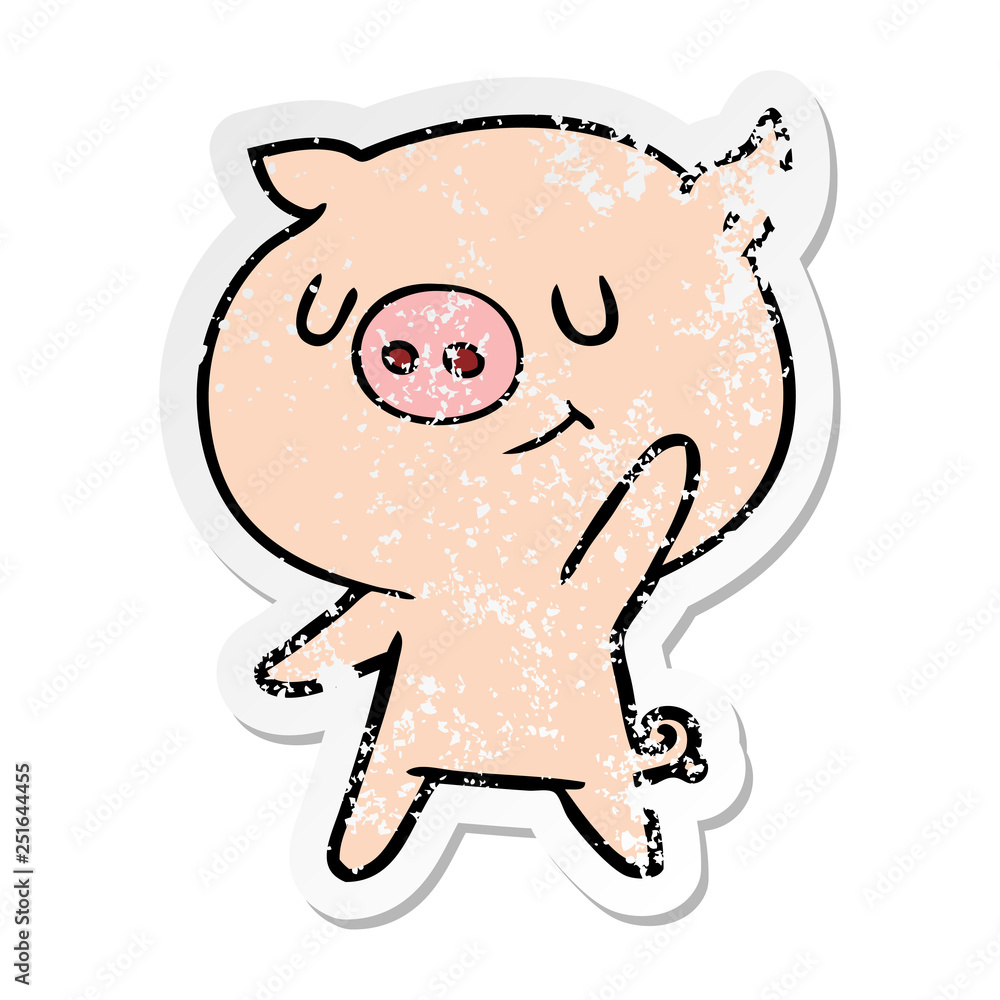 Fototapeta premium distressed sticker of a happy cartoon pig waving