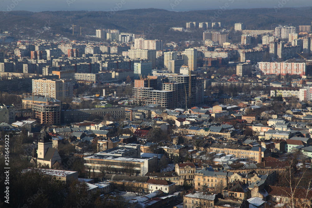 Landscape of Lvov city. Ukraine, Europe. City view of tall castle Landscape of Lvov city. Ukraine, Europe. City view of tall castle