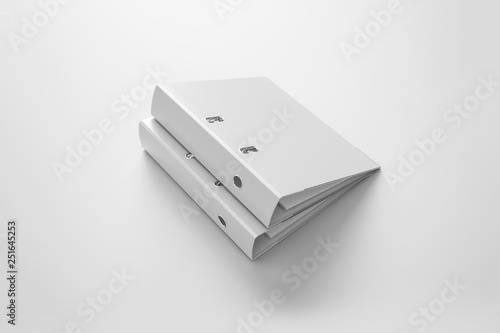 Realistic Blank White Ring Binder Folder design Mock-up top view isolated on soft gray background. Self-binder Mock up. Office supply cardboard folder branding presentation. 3D rendering.