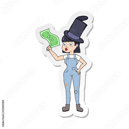 sticker of a cartoon woman holding on to money