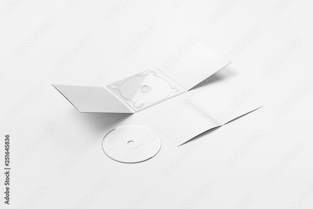 Realistic CD disc and carton packaging cover template mock up. Digipak case  of cardboard CD drive. With white blank for branding design or text.  isolated on soft gray background.3D rendering. Stock Photo