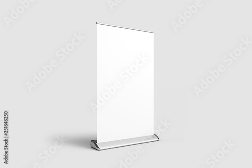 Realistic Blank Roll up Banner display on soft gray background.Template Mock-up .3D rendering.