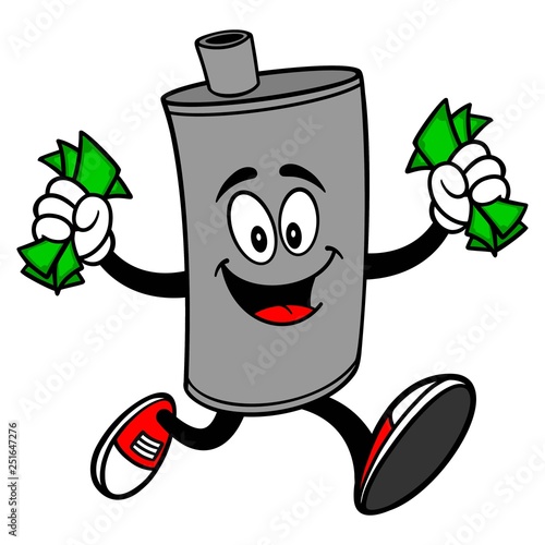 Car Muffler Mascot running with Money - A vector cartoon illustration of a car muffler mascot running with money.