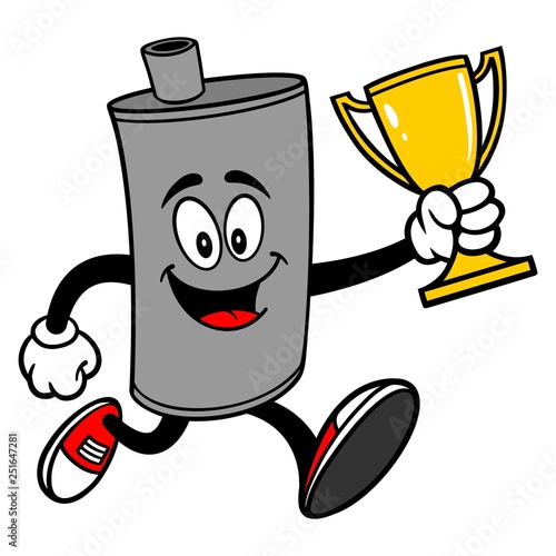 Car Muffler Mascot running with a Trophy - A vector cartoon illustration of a car muffler mascot running with a Trophy.