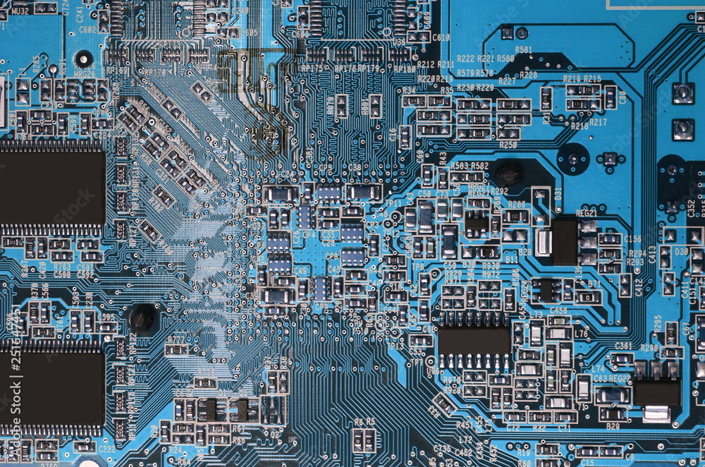 detail of electronic components on computer graphic card. selective focus