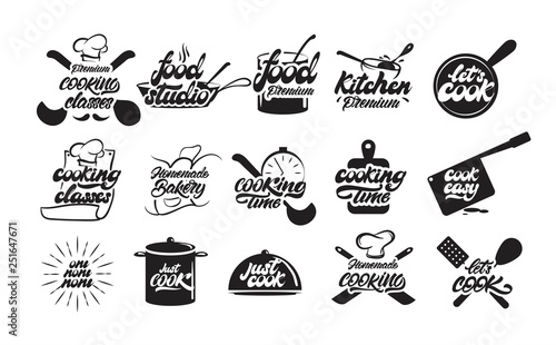 Cooking logos or emblem set. Bon appetit. Cooking idea. Cook, chef, kitchen utensils icon or logo. Handwritten lettering vector illustration - Vector