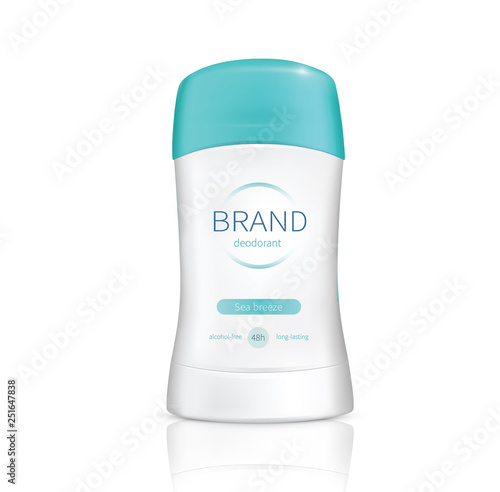 Vector realistic cosmetic product, dry stick deodorant with fresh fragrance. Antiperspirant in white plastic tube with blue cap isolated on white glossy background. Mock up for catalog