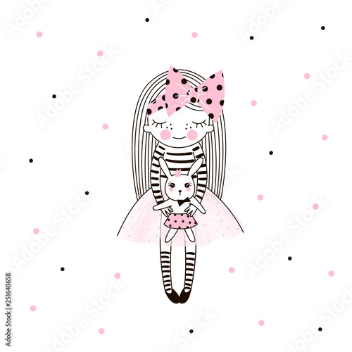 Cute little girl in pink ballerina skirt big hair bow and funny bunny toy. Simple minimalistic vector doodle illustration for girls. Perfect for textile apparel t-shirt print, wall art, poster