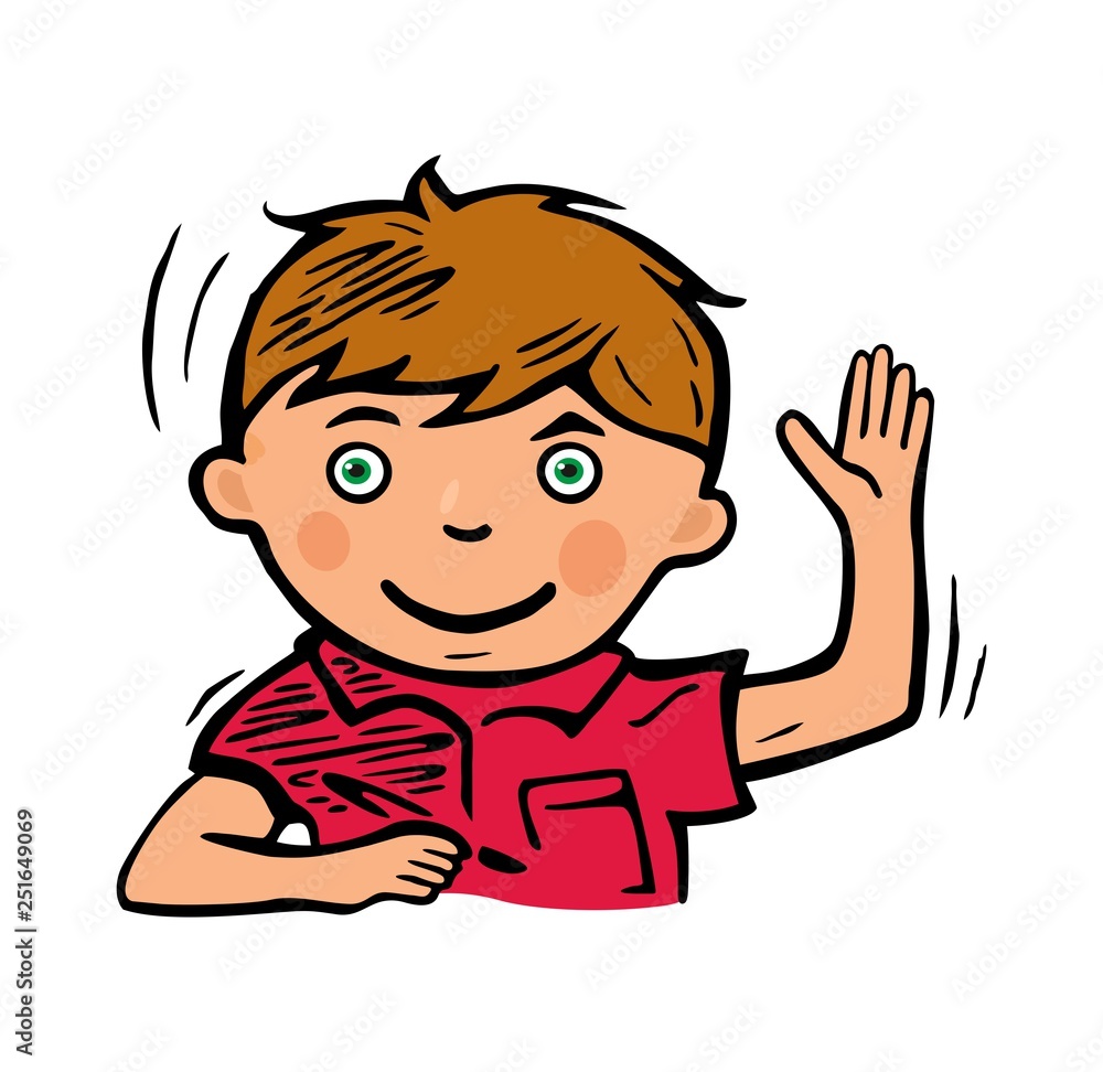 Schoolboy smiled and raised his hand to answer. Vector color illustration. Schoolboy smiled and raised his hand to answer. Vector color illustration.