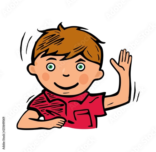 Schoolboy smiled and raised his hand to answer. Vector color illustration.