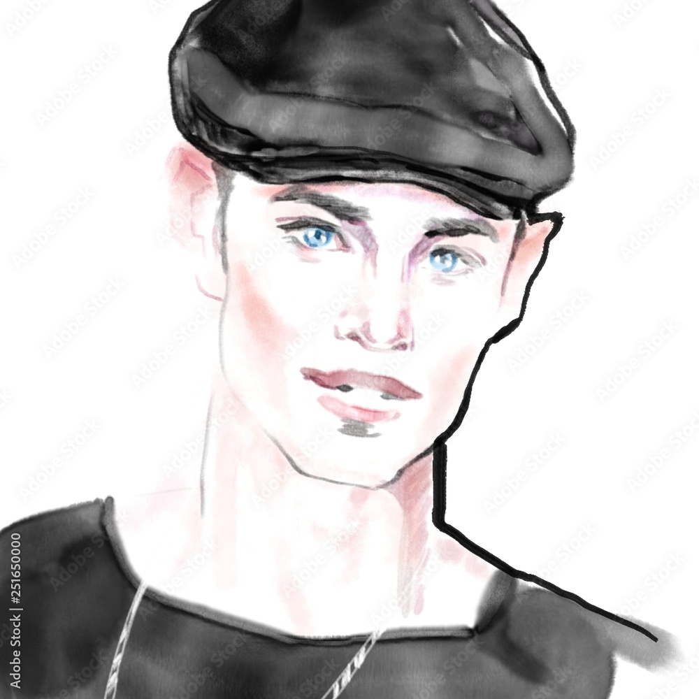 Fashion illustration of a handsome young guy with blue eyes and in a black cap, with a charming soft smile. Fashion illustration of a handsome young guy with blue eyes and in a black cap, with a charming soft smile.