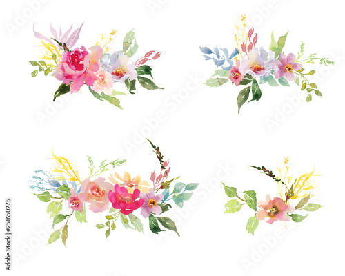 Wedding bridal romanric rustic bouquet. Hand drawing watercolor red and pink and green flowers ornament
