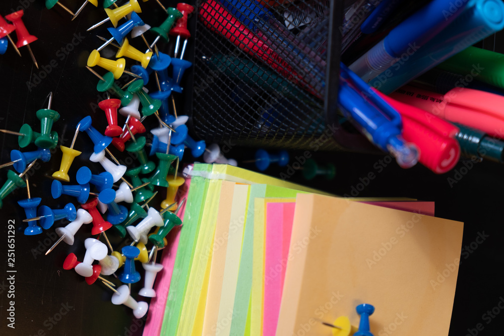 Obraz premium Colorful office supplies! pens needles sticker notes!