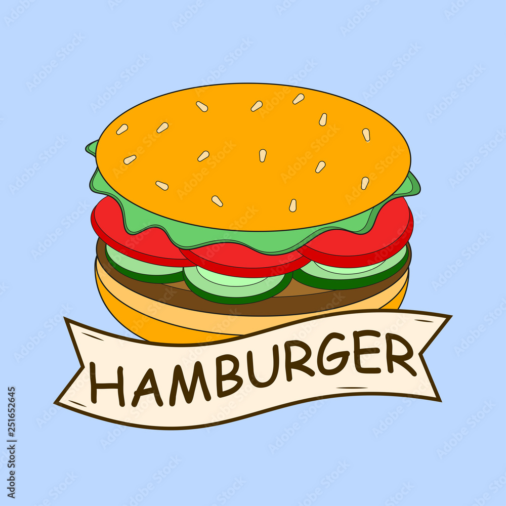 Burger sandwich isolated on white background. Fast food menu. Hamburger with beef, cheese. Vector cartoon design Burger sandwich isolated on white background. Fast food menu. Hamburger with beef, cheese. Vector cartoon design