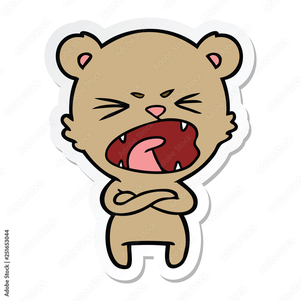 sticker of a angry cartoon bear shouting