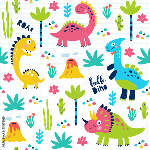 Seamless pattern with cute dinosaurs for children print. Vector