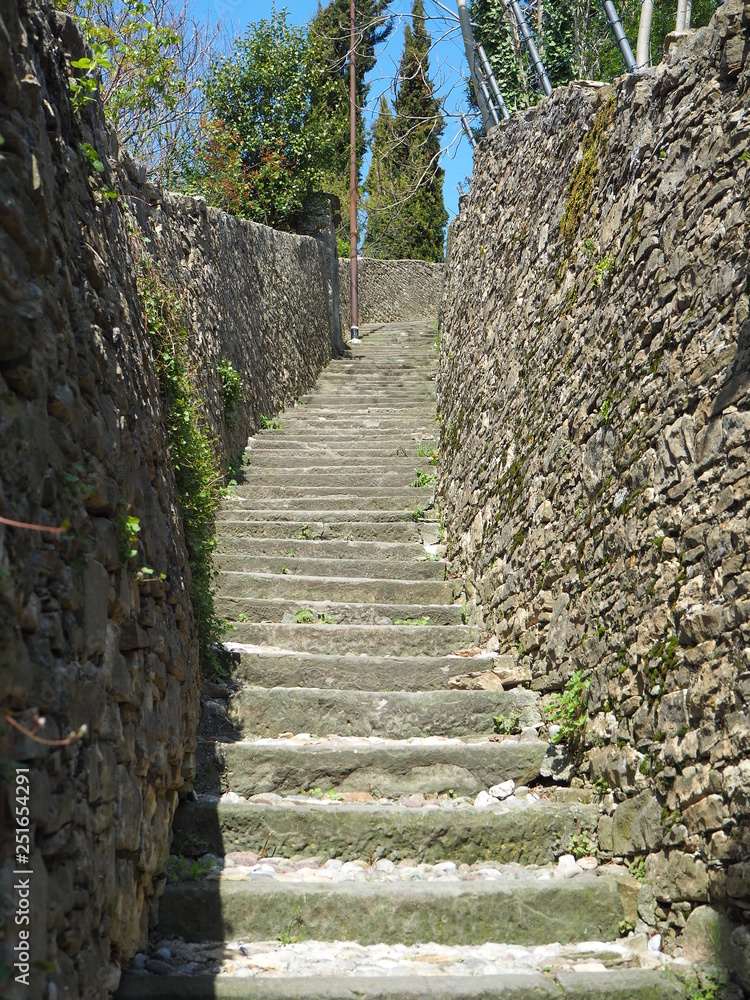 Bergamo, Italy. The ancient stone stairs that lead from the low city to the old one