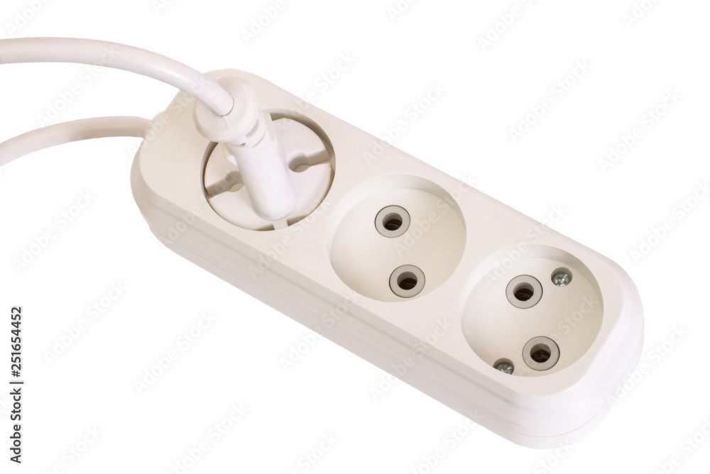 White extension cable, extension cable, plug extension cable with plug connected, on white background, isolated White extension cable, extension cable, plug extension cable with plug connected, on white background, isolated