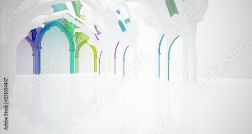 Abstract white and colored gradient glasses gothic interior. 3D illustration and rendering.