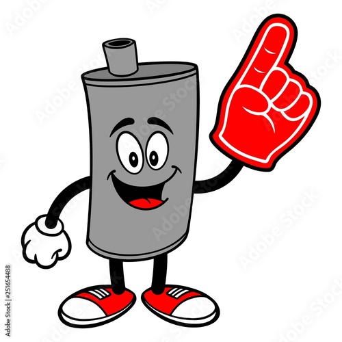 Car Muffler Mascot with a Foam Finger - A vector cartoon illustration of a car muffler mascot with a foam hand.