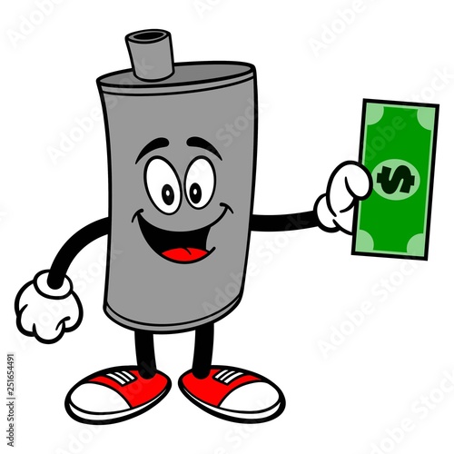 Car Muffler Mascot with Dollar - A vector cartoon illustration of a car muffler mascot holding a Dollar.