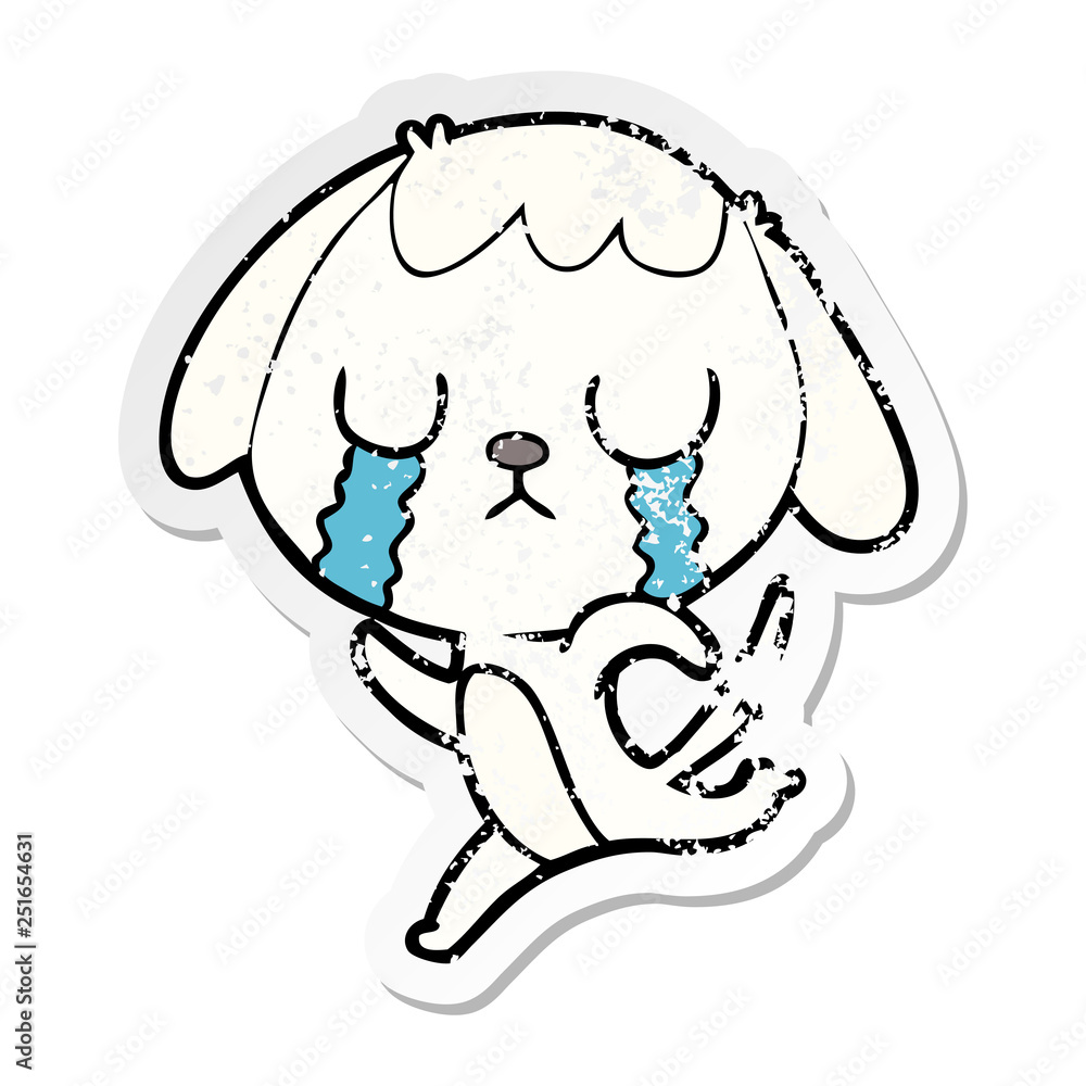 distressed sticker of a cute cartoon dog crying distressed sticker of a cute cartoon dog crying