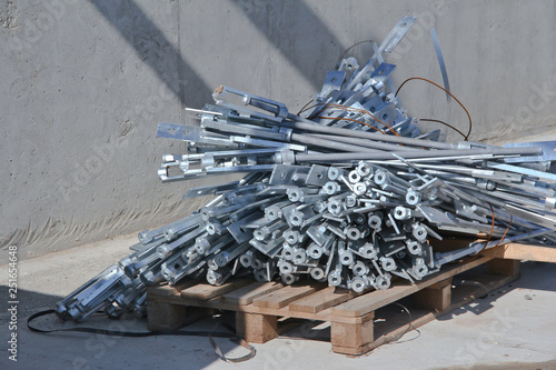 Nuts and bolts closeup on construction site. Begin installation work. Necessary equipment for the installation of building structures