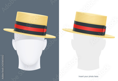 Vintage classic boater straw hat at manikin. Stylish cylinder headgear for gentleman. Retro wear accessory. Male fashion. Man face avatar. Trendy clothes. Isolated white. Eps10 illustration.