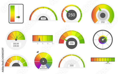 Speedometer icons. Credit score indicators. Speedometer goods gauge rating meter. Level indicator, credit loan scoring manometers vector set.